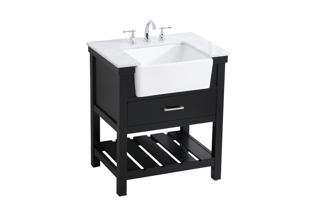 30 Inch White Vanity With Black Hardware Ideal For Any Bath